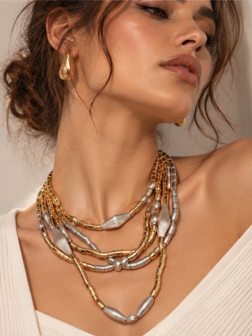 Sculptural Mixed Metal Layered Necklace Gold Silver Beaded Collar